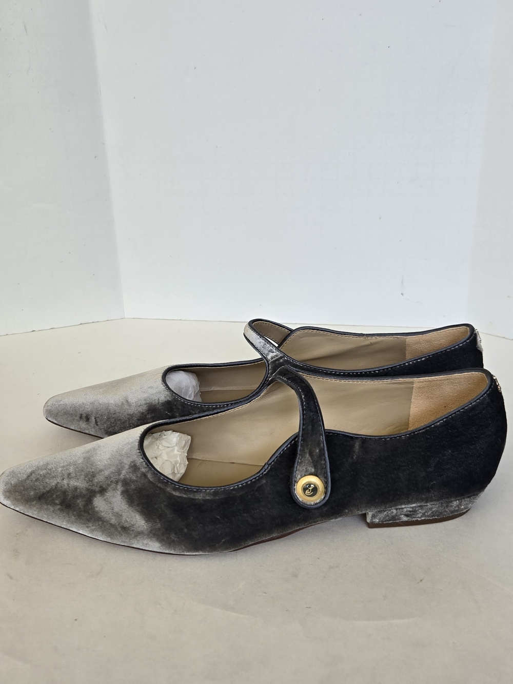 Sam Edelman Pointed Velvet Mary Jane Flats in Gray - Picture 3 of 10
